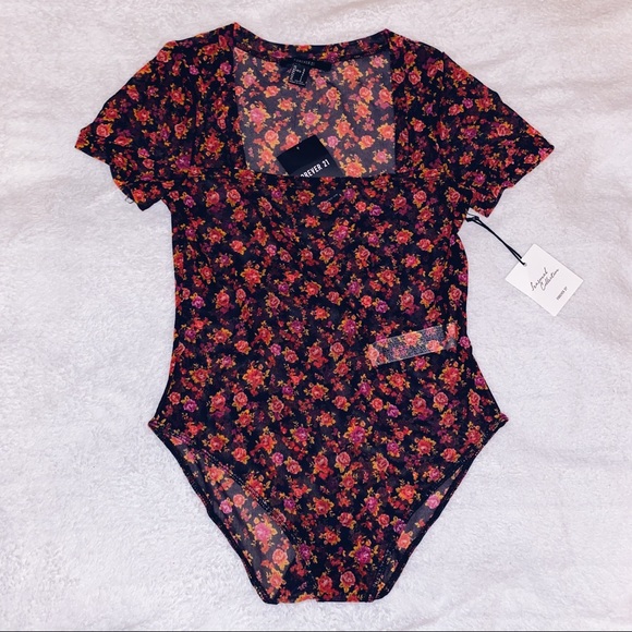Forever 21 Tops - Black & Floral Mesh Bodysuit💐